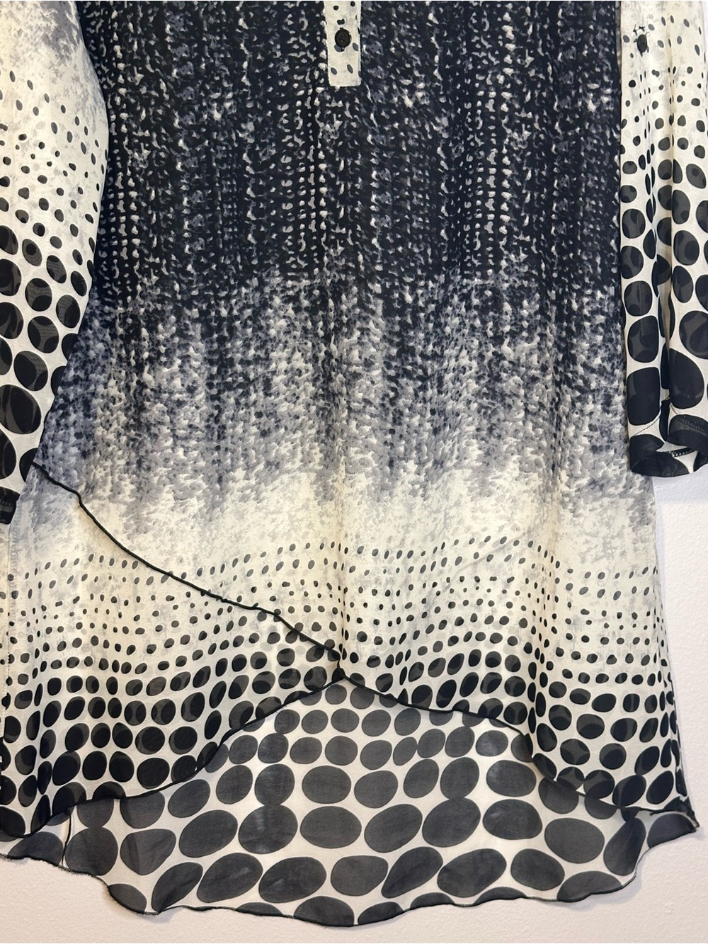 Creation XL Sheer Tunic Blouse Black White Polka Dot Abstract Layered Boho Top - Picture 5 of 13